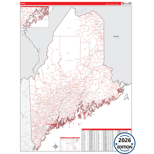 Maine Red Line 5 Digit ZIP Code Wall Map