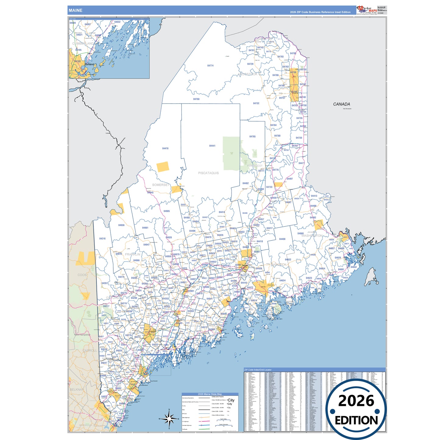Maine Business Reference 5 Digit ZIP Code Wall Map