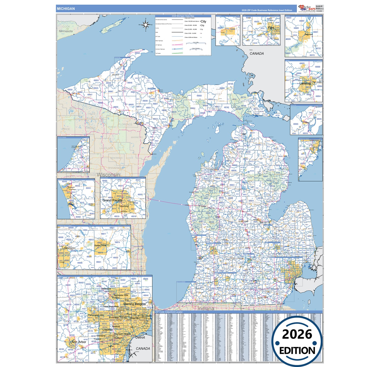 Michigan Business Reference 5 Digit ZIP Code Wall Map