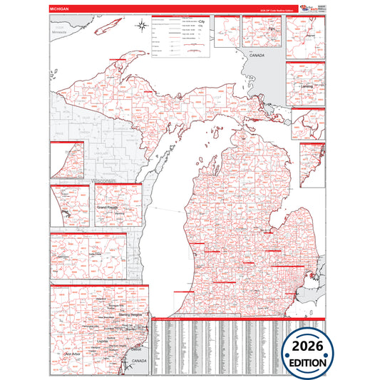 Michigan Red Line 5 Digit ZIP Code Wall Map