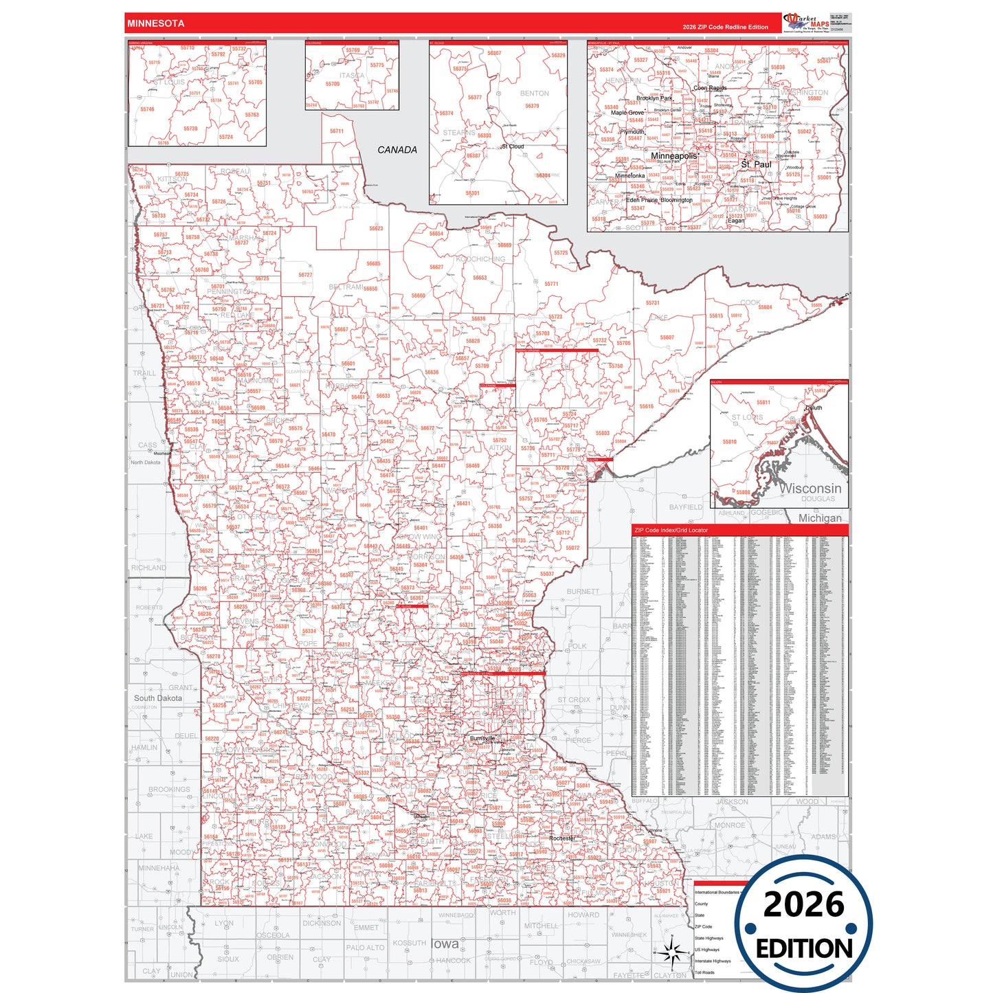 Minnesota Red Line 5 Digit ZIP Code Wall Map