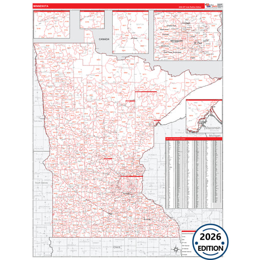 Minnesota Red Line 5 Digit ZIP Code Wall Map