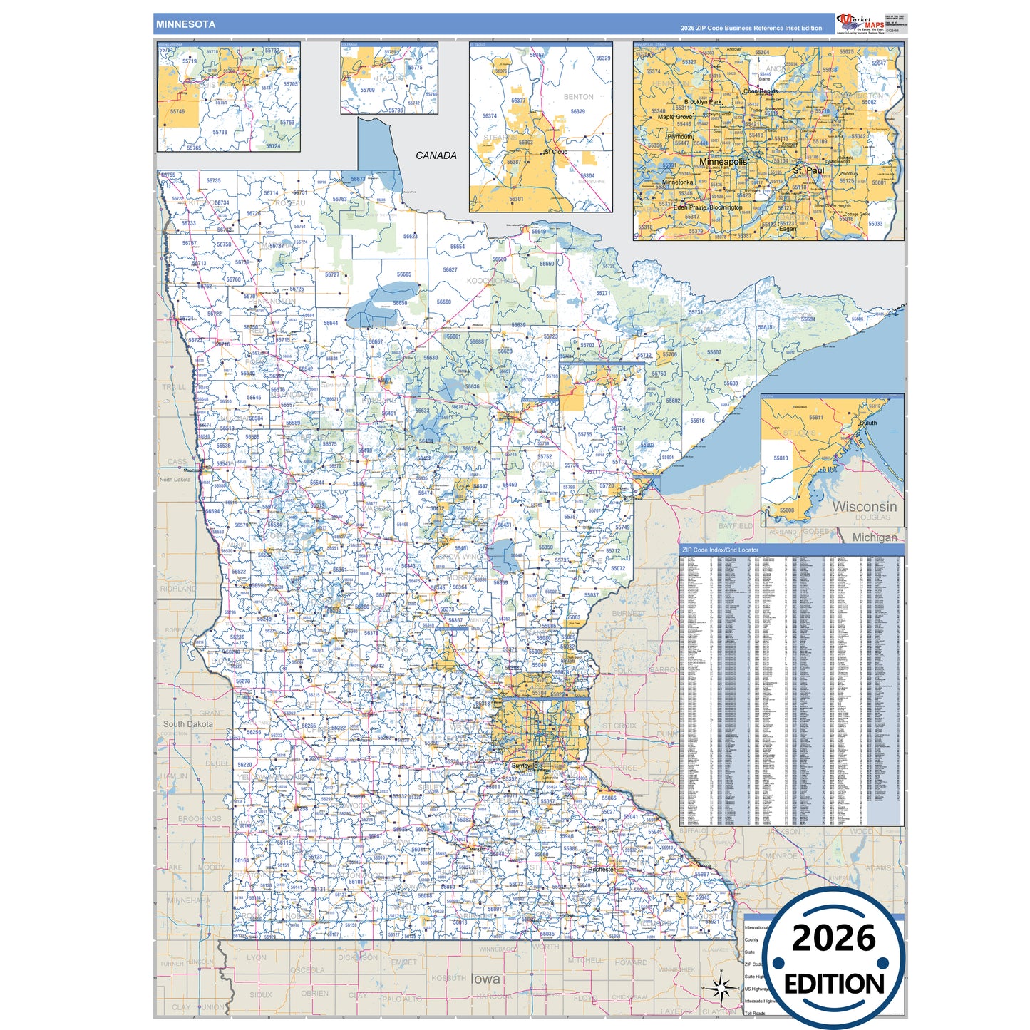 Minnesota Business Reference 5 Digit ZIP Code Wall Map