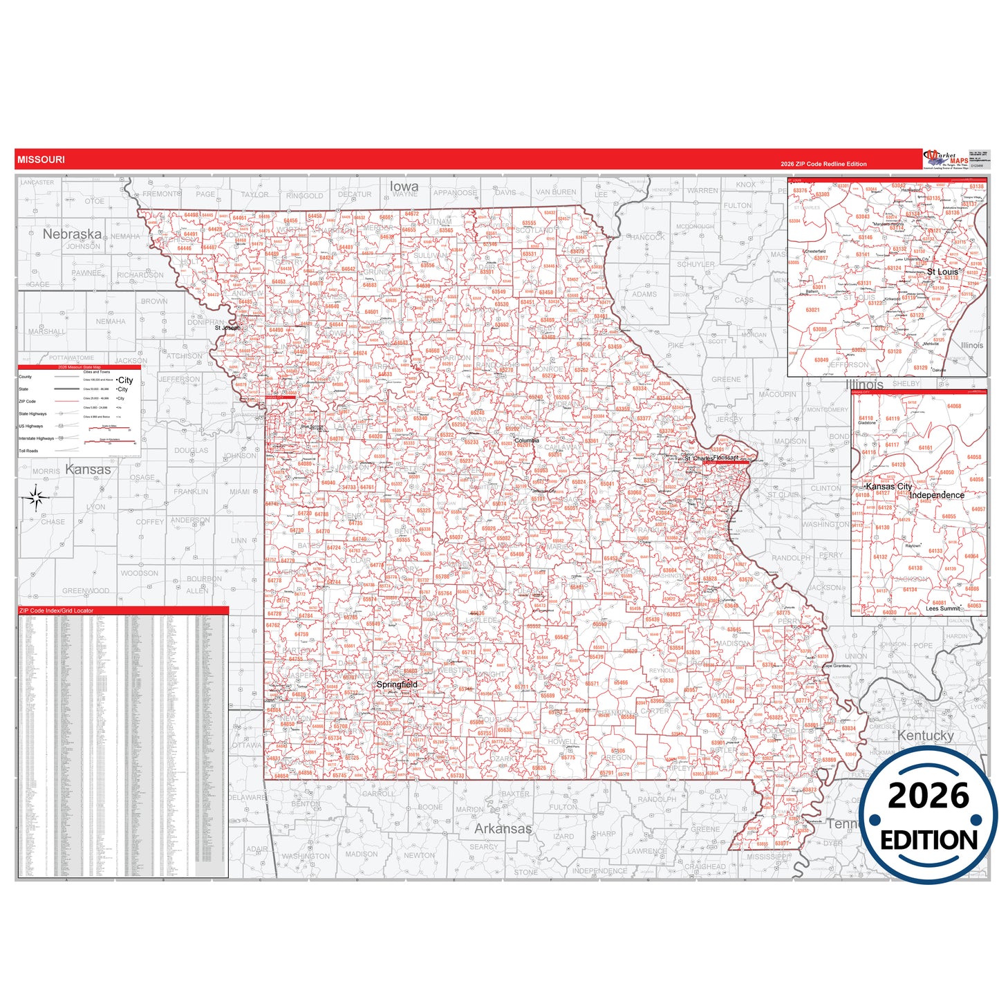 Missouri Red Line 5 Digit ZIP Code Wall Map