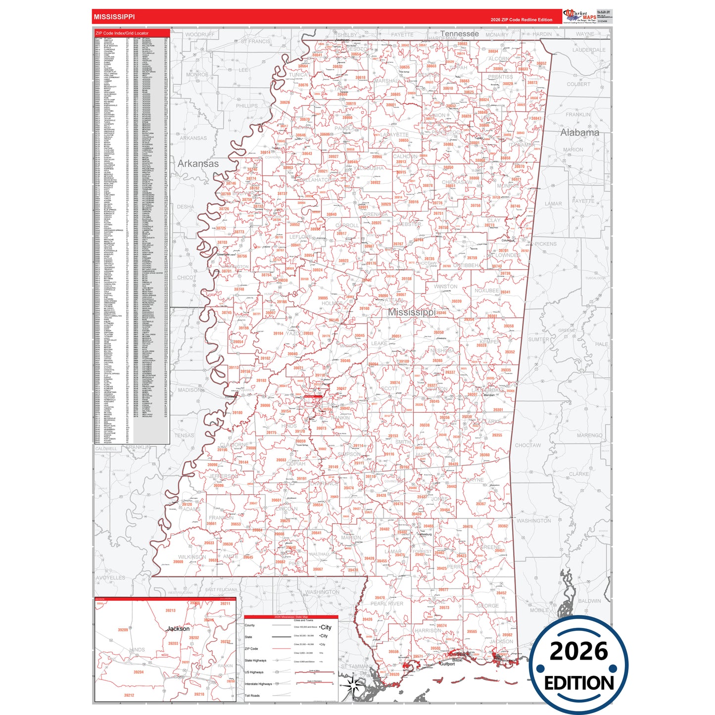 Mississippi Red Line 5 Digit ZIP Code Wall Map