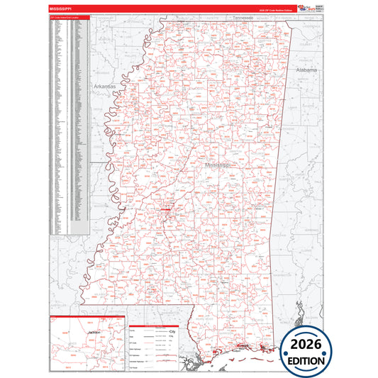 Mississippi Red Line 5 Digit ZIP Code Wall Map