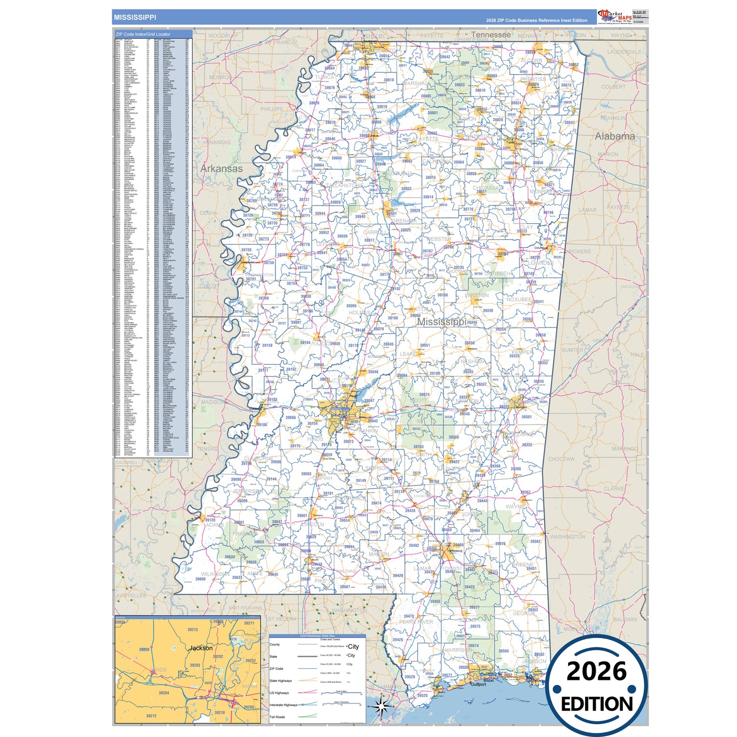 Mississippi Business Reference 5 Digit ZIP Code Wall Map
