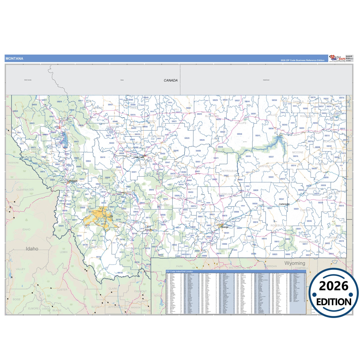 Montana Business Reference 5 Digit ZIP Code Wall Map