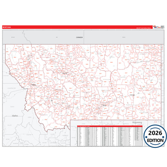 Montana Red Line 5 Digit ZIP Code Wall Map