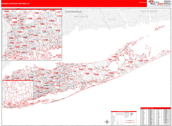 nassau-suffolk County, NY Red Line 5 Digit ZIP Code Wall Map