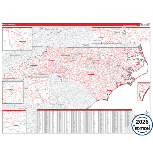 North Carolina Red Line 5 Digit ZIP Code Wall Map