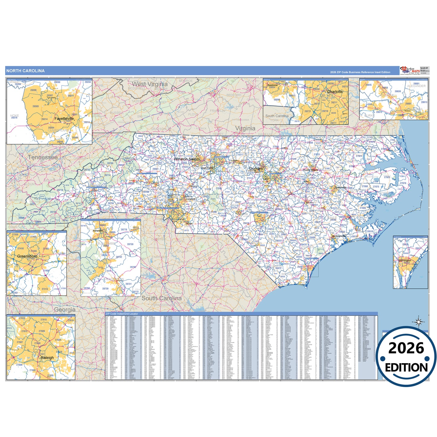North Carolina Business Reference 5 Digit ZIP Code Wall Map