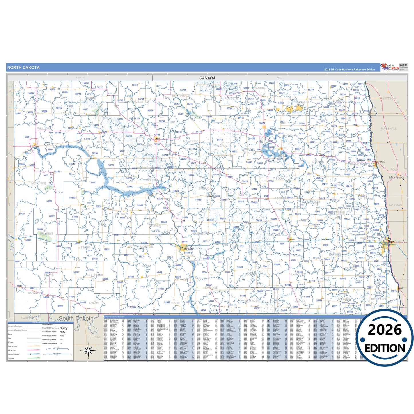 North Dakota Business Reference 5 Digit ZIP Code Wall Map