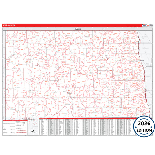 North Dakota Red Line 5 Digit ZIP Code Wall Map