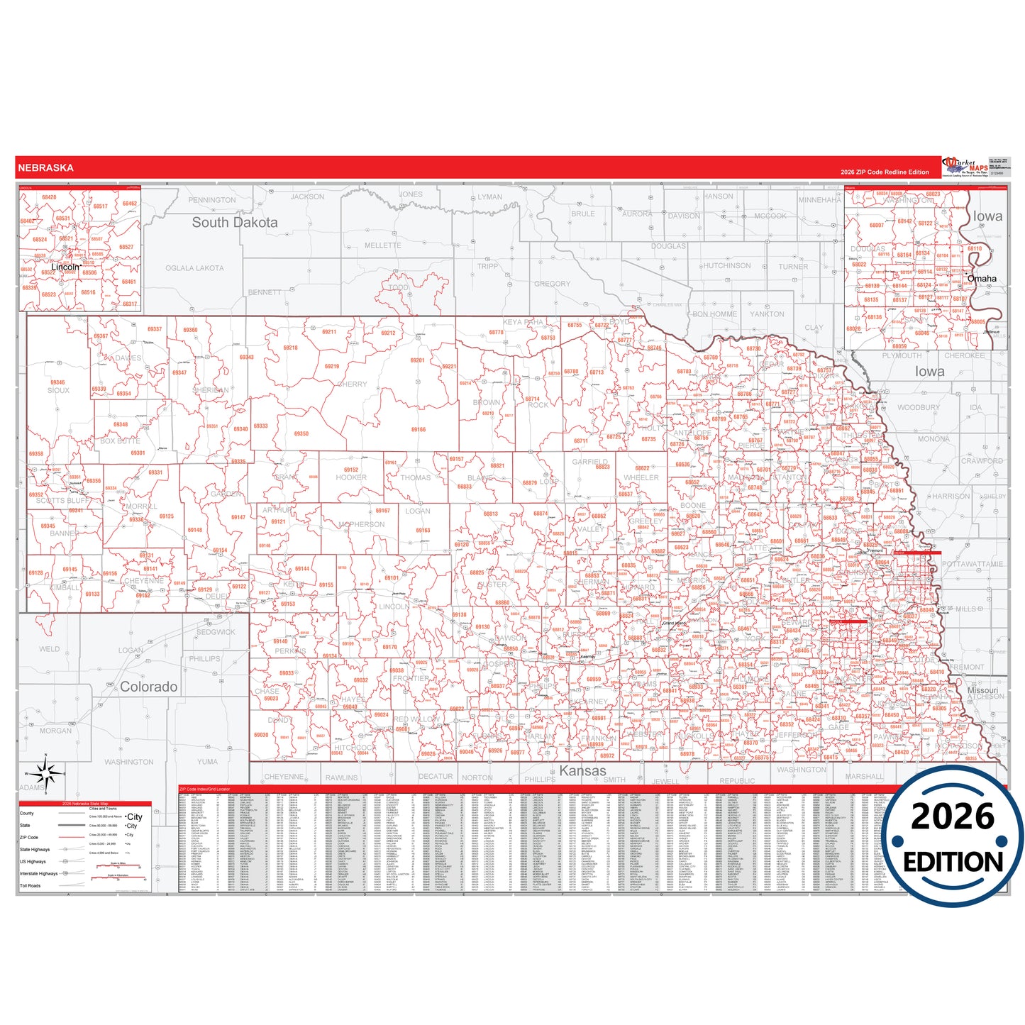 Nebraska Red Line 5 Digit ZIP Code Wall Map