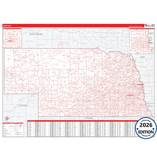 Nebraska Red Line 5 Digit ZIP Code Wall Map