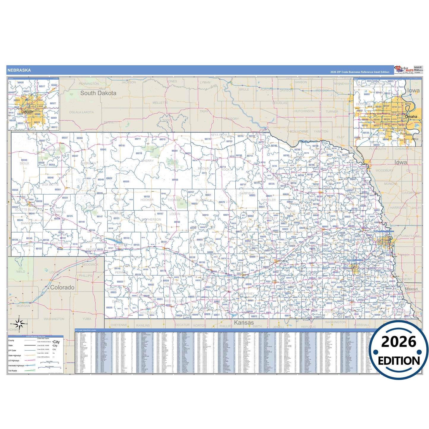 Nebraska Business Reference 5 Digit ZIP Code Wall Map