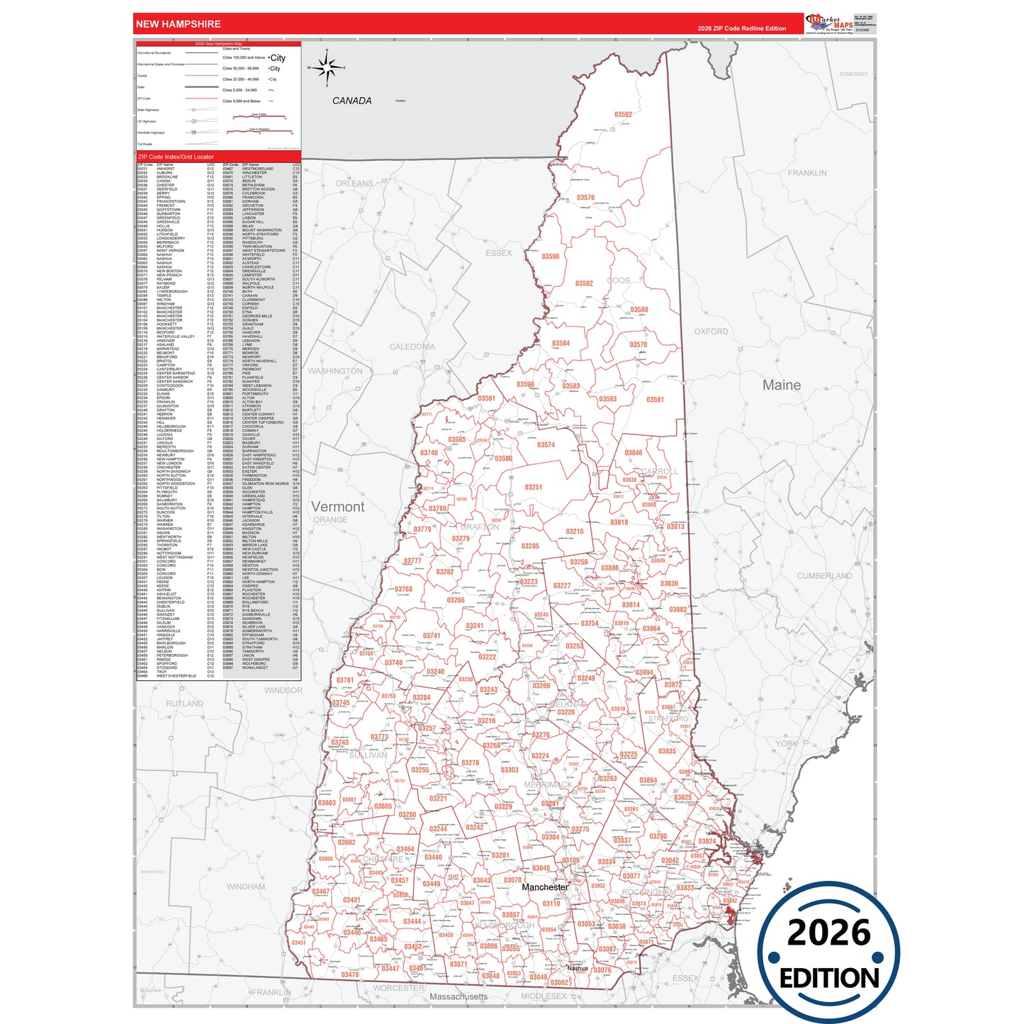 New Hampshire Red Line 5 Digit ZIP Code Wall Map