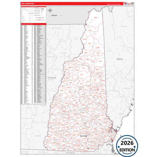 New Hampshire Red Line 5 Digit ZIP Code Wall Map