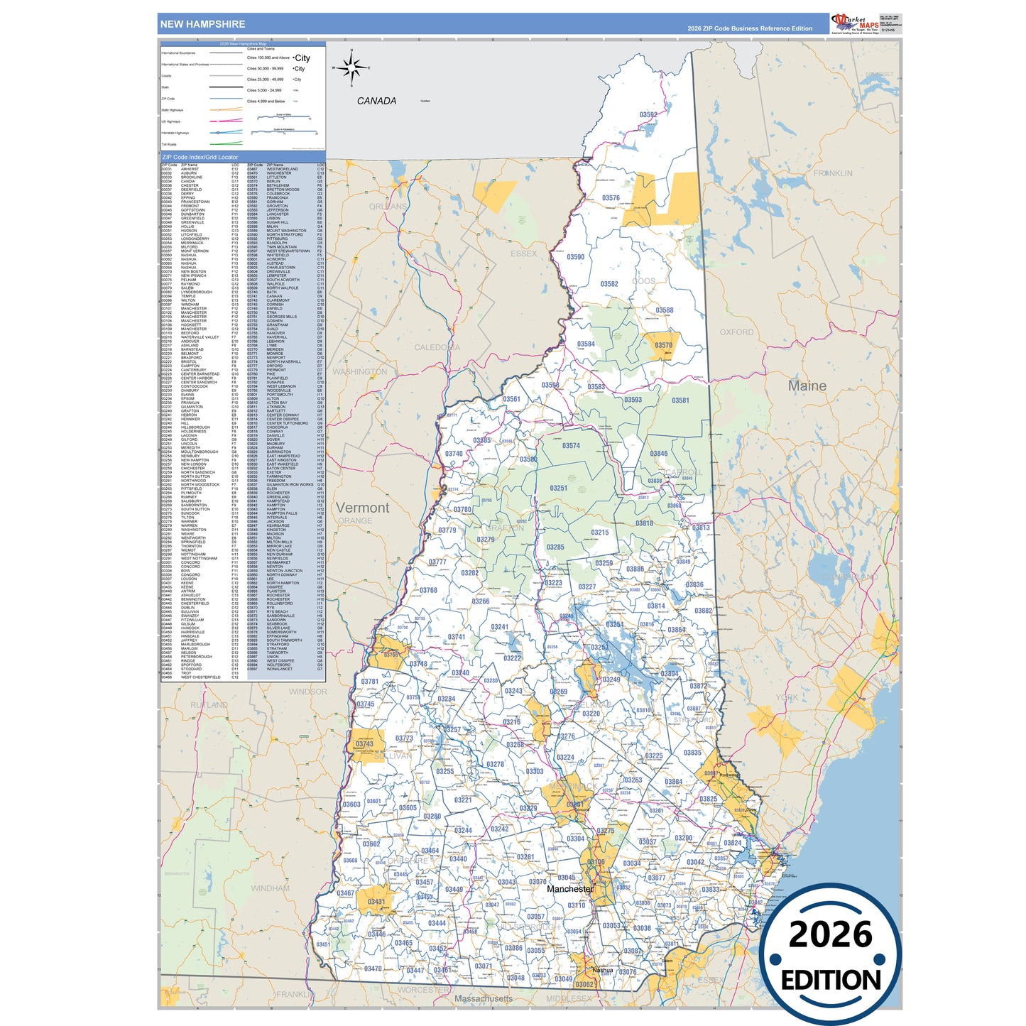 New Hampshire Business Reference 5 Digit ZIP Code Wall Map