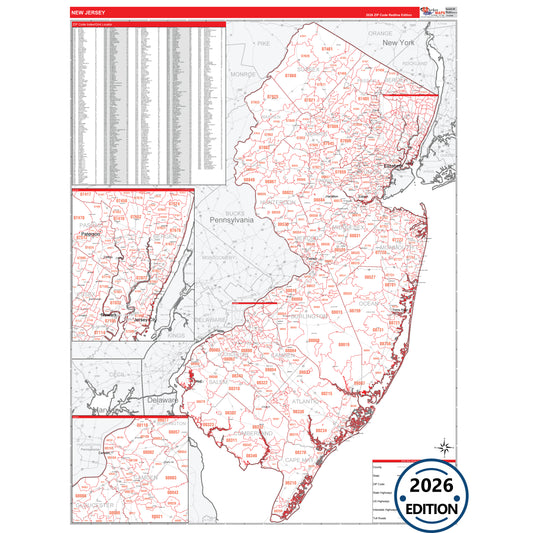 New Jersey Red Line 5 Digit ZIP Code Wall Map