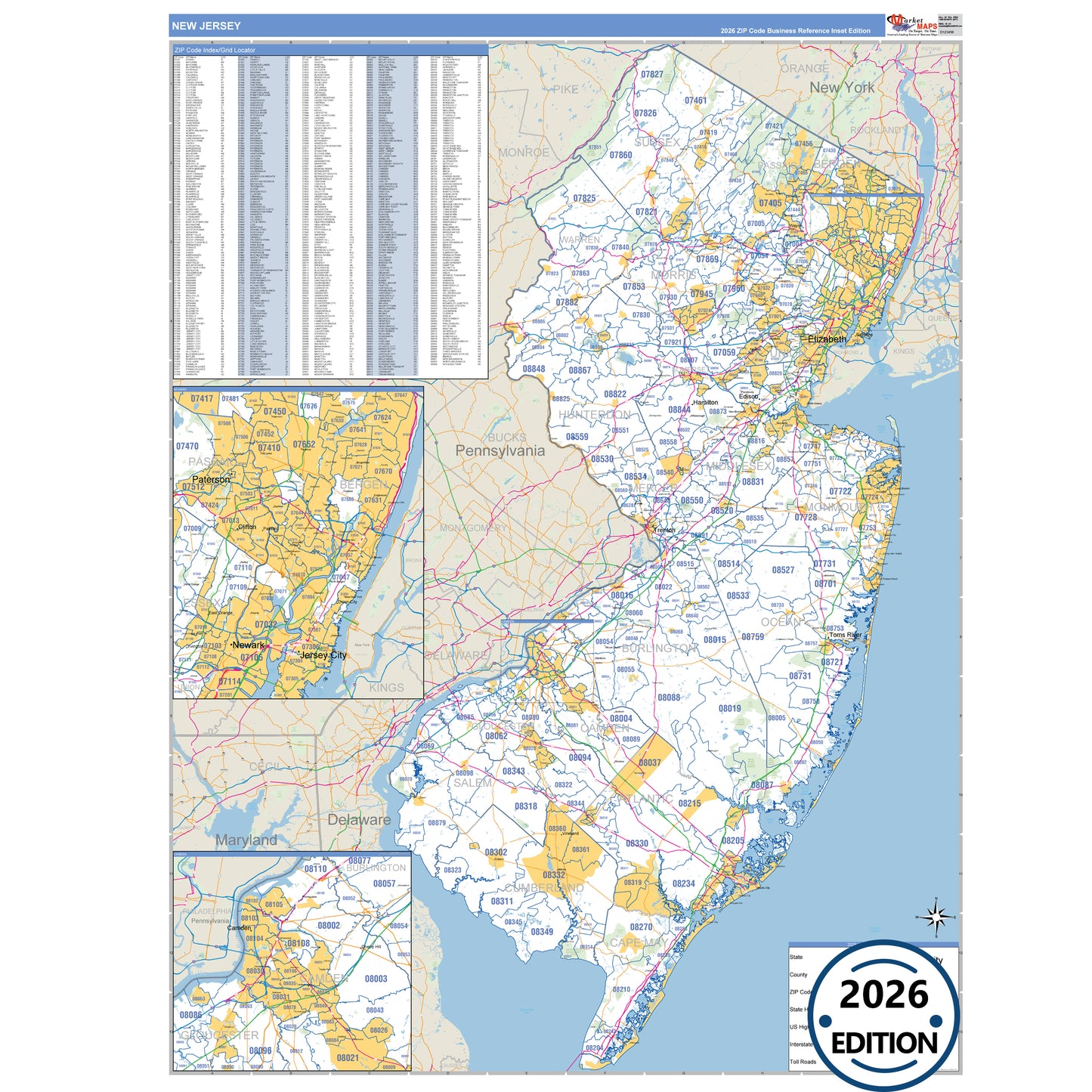 New Jersey Business Reference 5 Digit ZIP Code Wall Map