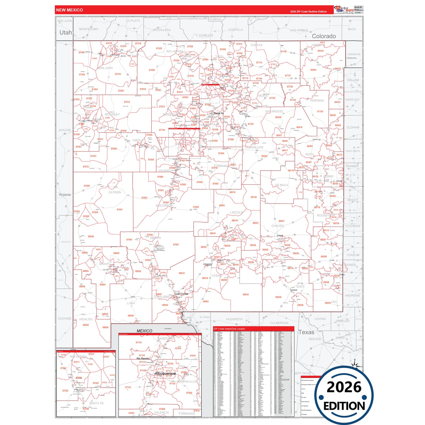 New Mexico Red Line 5 Digit ZIP Code Wall Map