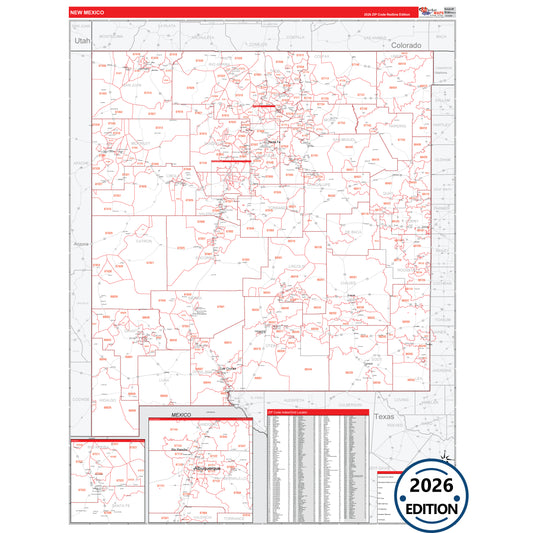 New Mexico Red Line 5 Digit ZIP Code Wall Map