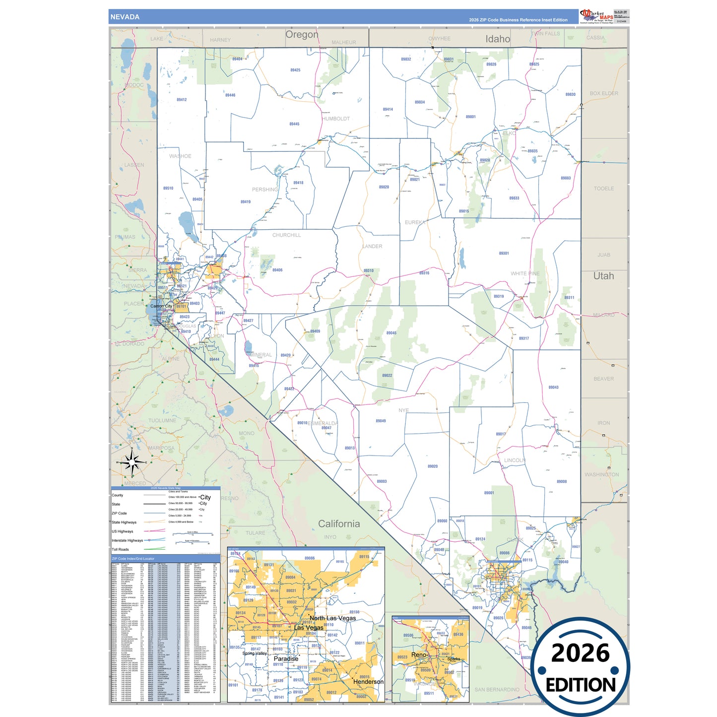 Nevada Business Reference 5 Digit ZIP Code Wall Map
