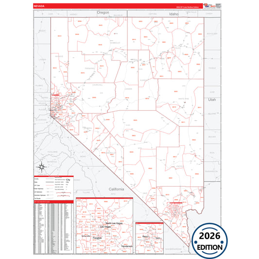 Nevada Red Line 5 Digit ZIP Code Wall Map