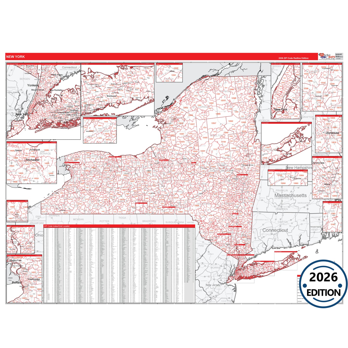 New York Red Line 5 Digit ZIP Code Wall Map