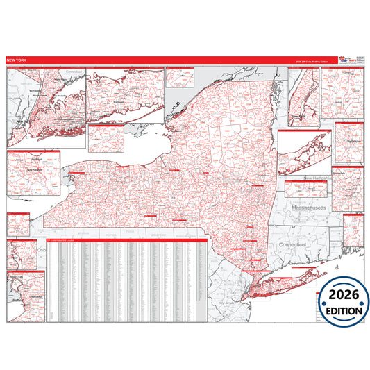 New York Red Line 5 Digit ZIP Code Wall Map