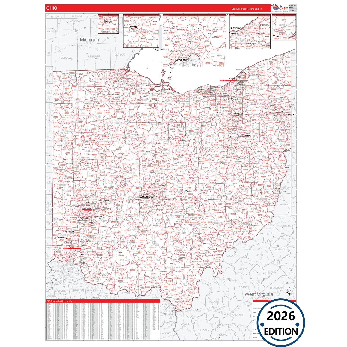 Ohio Red Line 5 Digit ZIP Code Wall Map