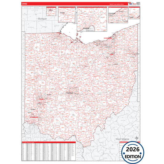 Ohio Red Line 5 Digit ZIP Code Wall Map
