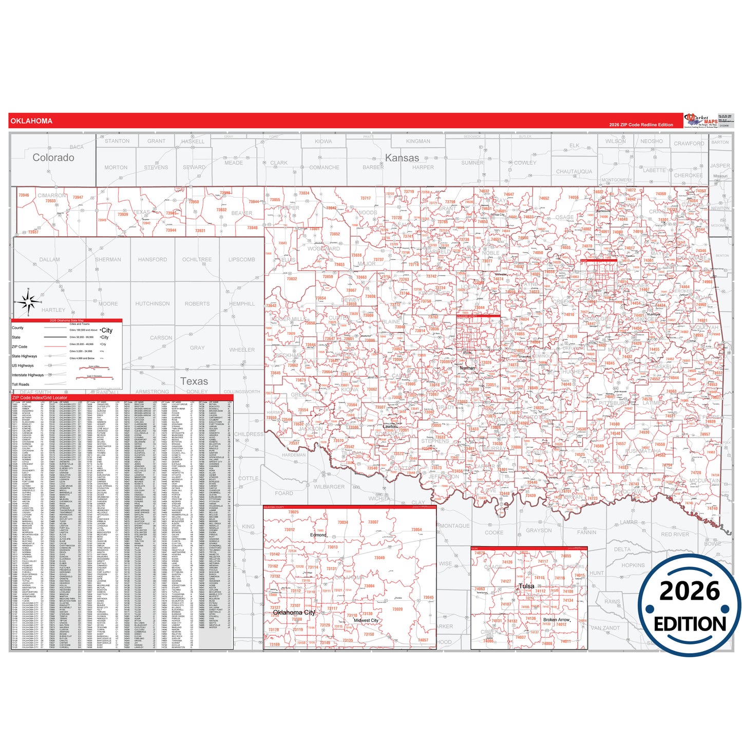 Oklahoma Red Line 5 Digit ZIP Code Wall Map
