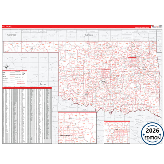 Oklahoma Red Line 5 Digit ZIP Code Wall Map