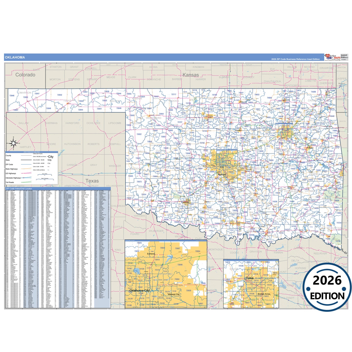 Oklahoma Business Reference 5 Digit ZIP Code Wall Map