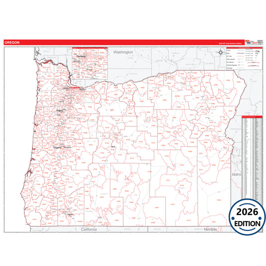 Oregon Red Line 5 Digit ZIP Code Wall Map