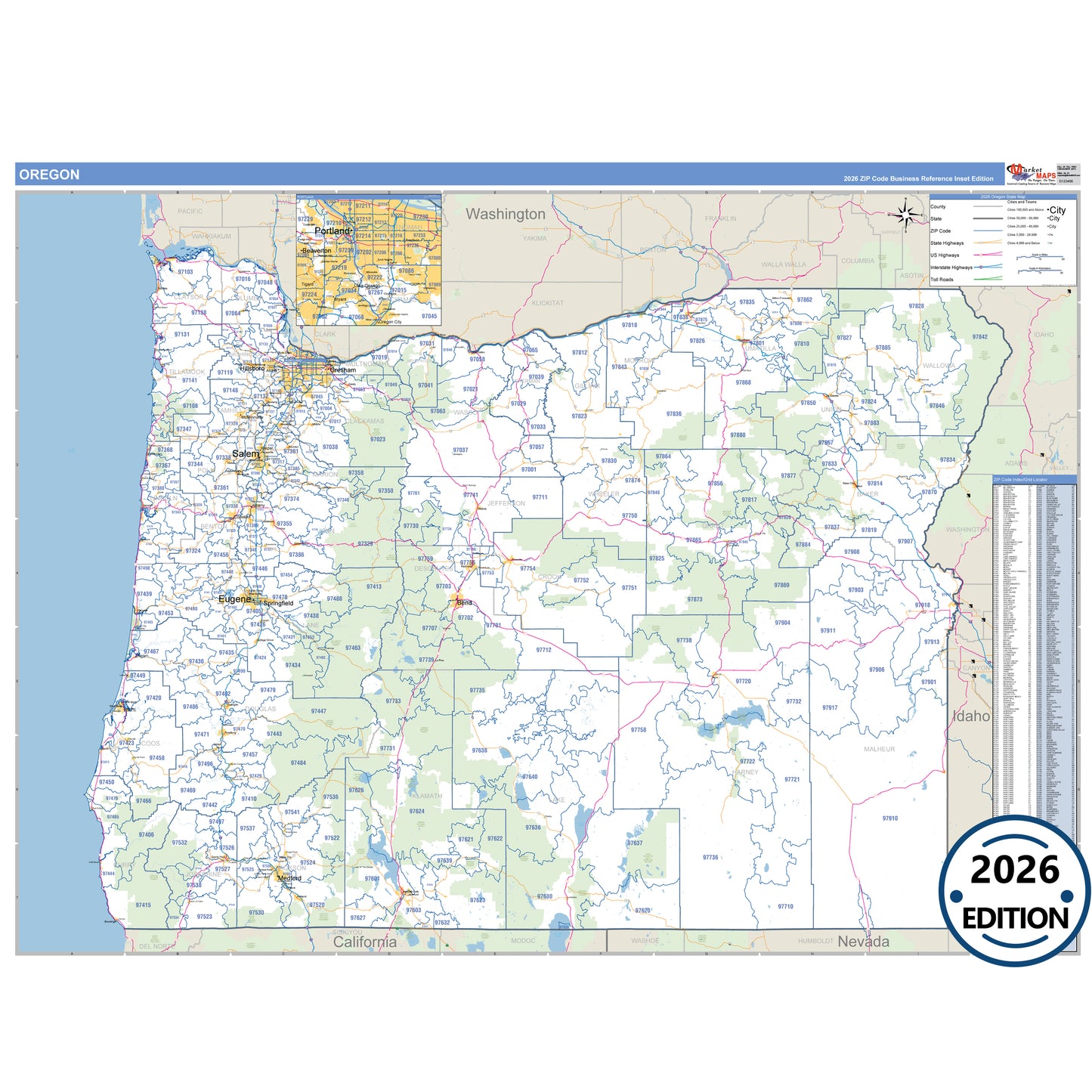 Oregon Business Reference 5 Digit ZIP Code Wall Map