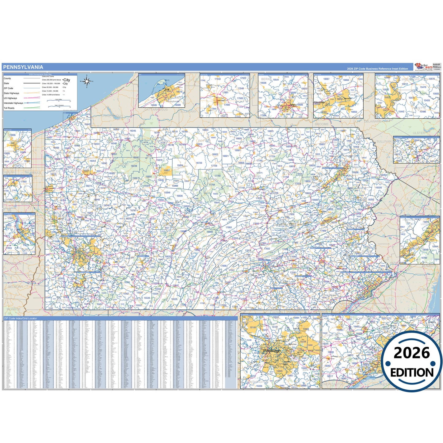Pennsylvania Business Reference 5 Digit ZIP Code Wall Map