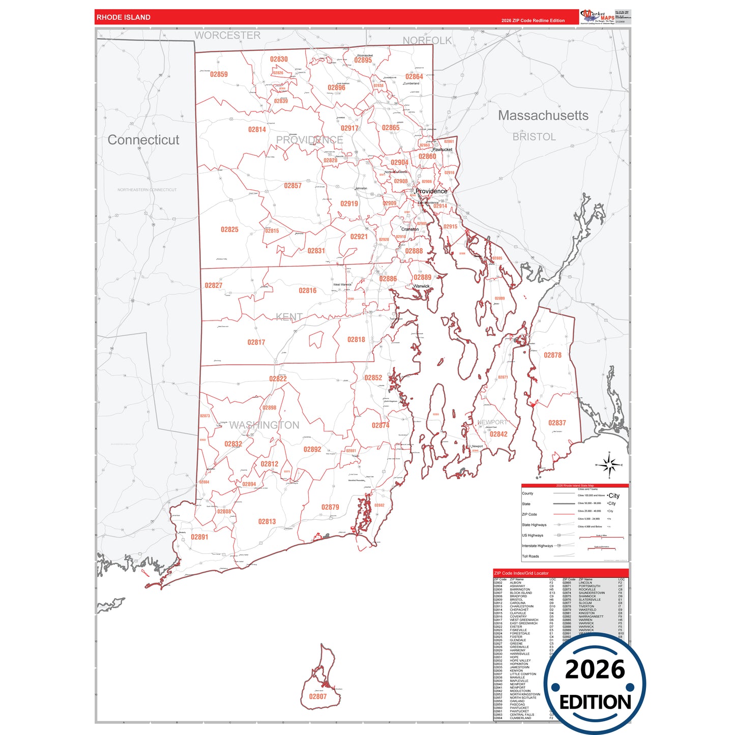 Rhode Island Red Line 5 Digit ZIP Code Wall Map