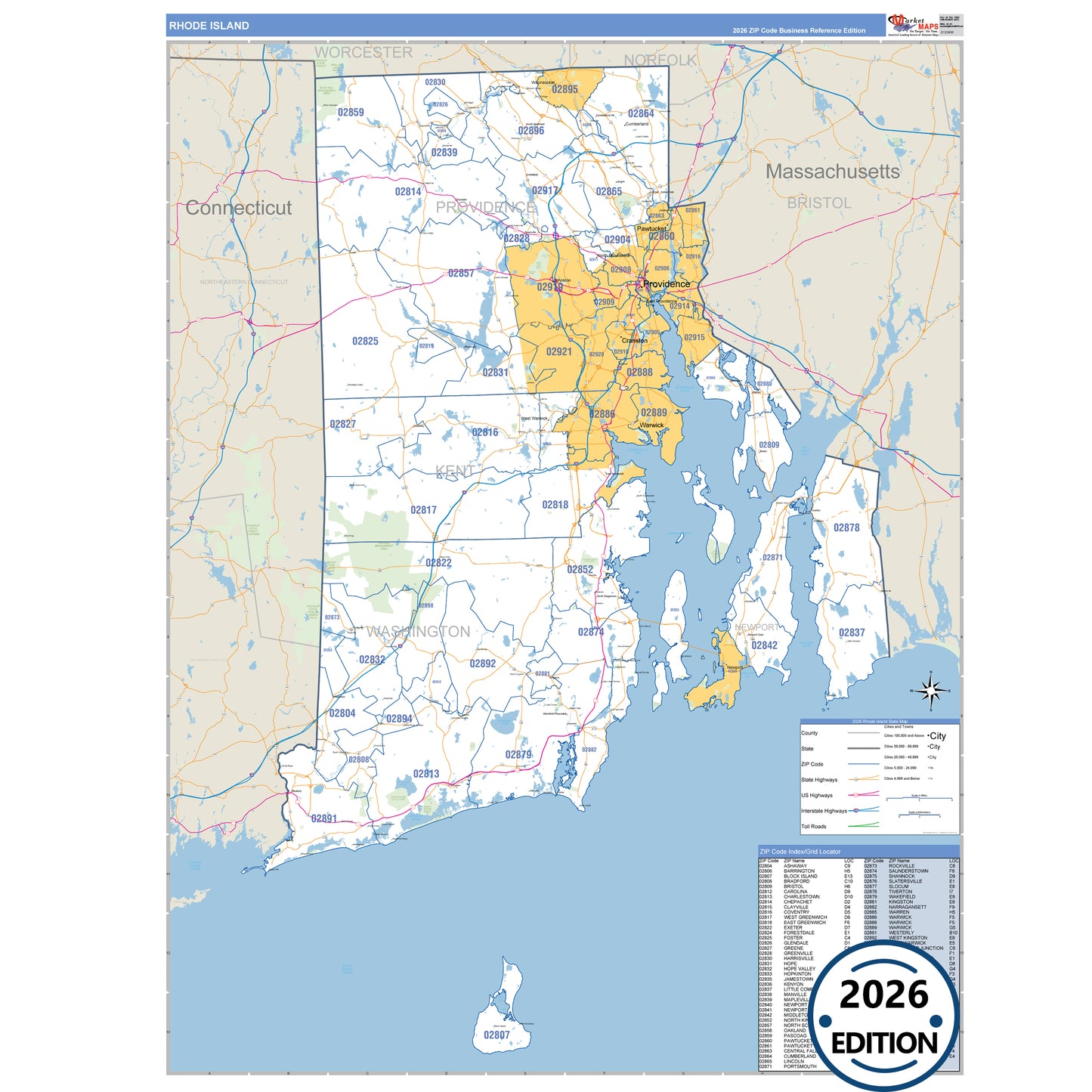 Rhode Island Business Reference 5 Digit ZIP Code Wall Map