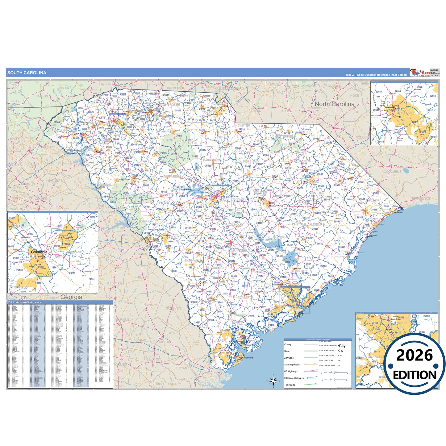 South Carolina Business Reference 5 Digit ZIP Code Wall Map