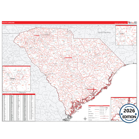 South Carolina Red Line 5 Digit ZIP Code Wall Map