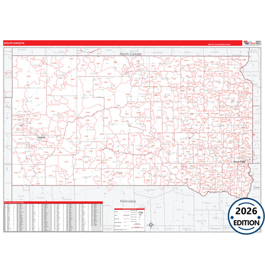 South Dakota Red Line 5 Digit ZIP Code Wall Map