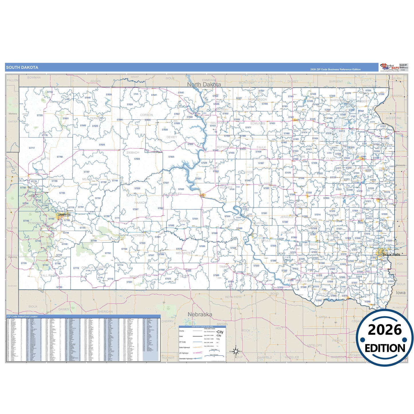 South Dakota Business Reference 5 Digit ZIP Code Wall Map