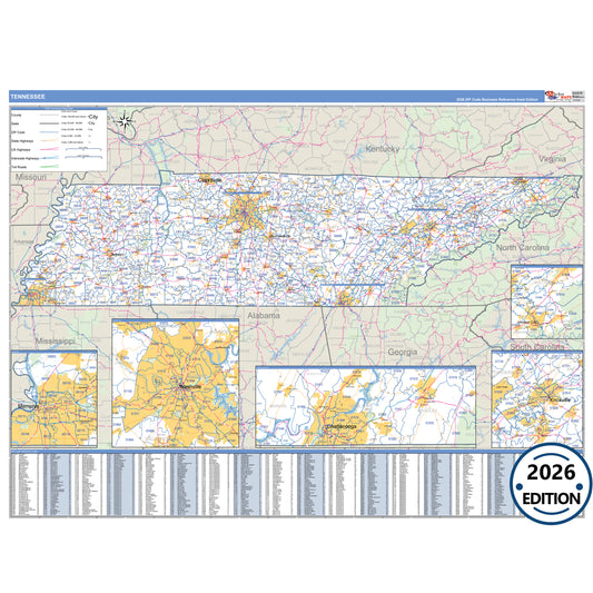 Tennessee Business Reference 5 Digit ZIP Code Wall Map