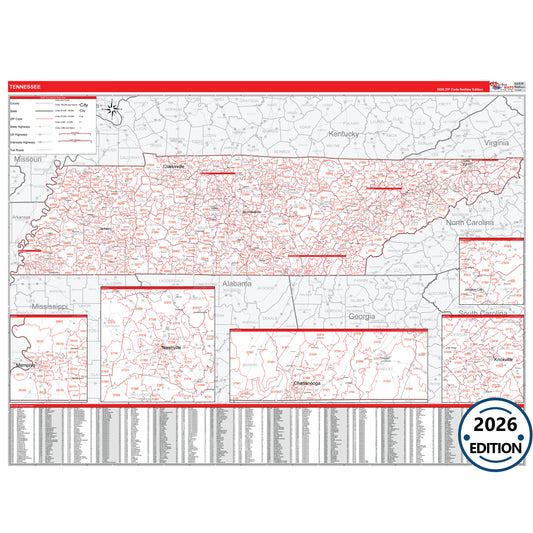 Tennessee Red Line 5 Digit ZIP Code Wall Map