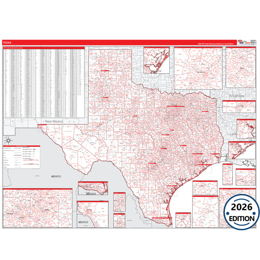 Texas Red Line 5 Digit ZIP Code Wall Map