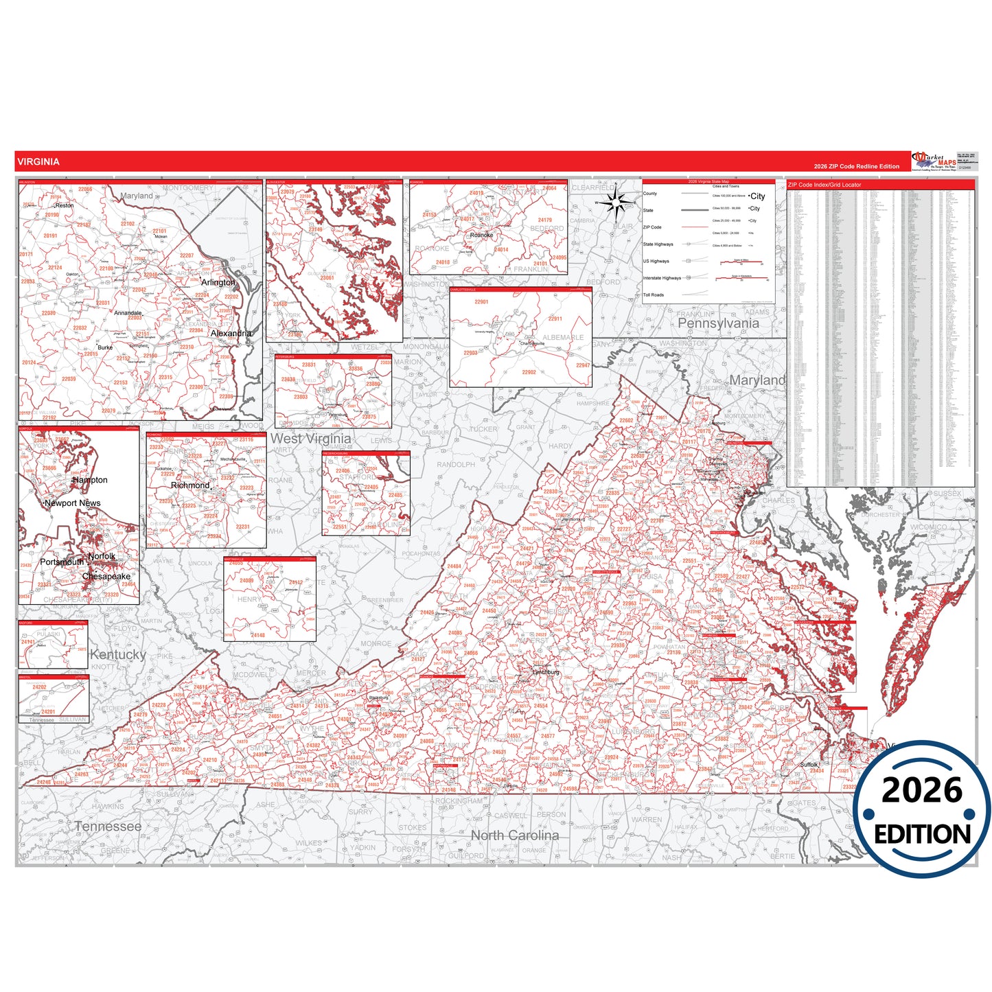 Virginia Red Line 5 Digit ZIP Code Wall Map